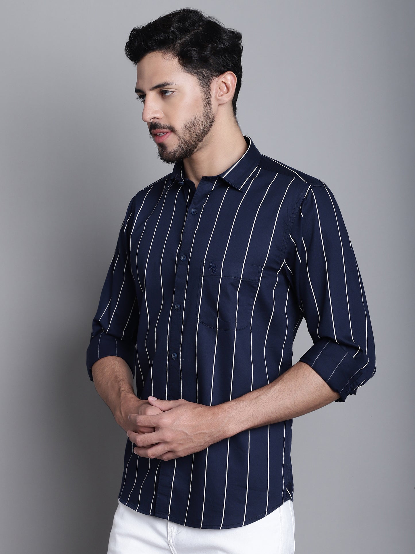 Cantabil Cotton Navy Blue Striped Full Sleeve Regular Fit Casual Shirt for Men with Pocket (7165431152779)