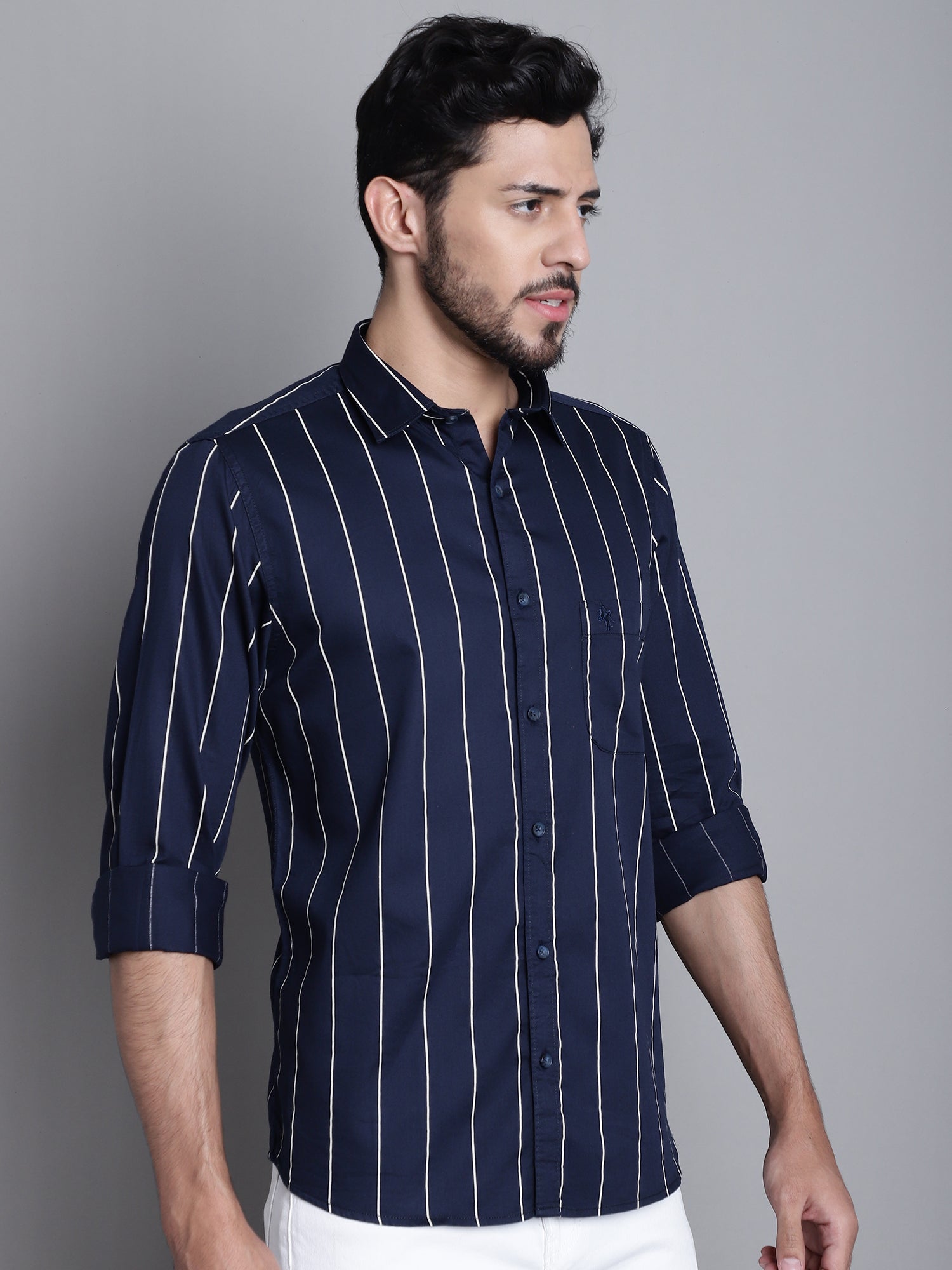 Cantabil Cotton Navy Blue Striped Full Sleeve Regular Fit Casual Shirt for Men with Pocket (7165431152779)