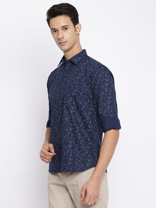 Cantabil Cotton Printed Navy Blue Full Sleeve Casual Shirt for Men with Pocket (7050475569291)