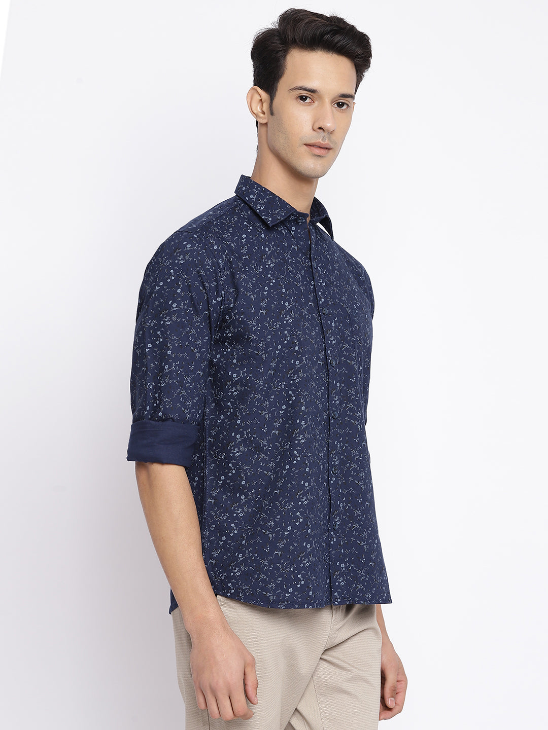 Cantabil Cotton Printed Navy Blue Full Sleeve Casual Shirt for Men with Pocket (7050475569291)