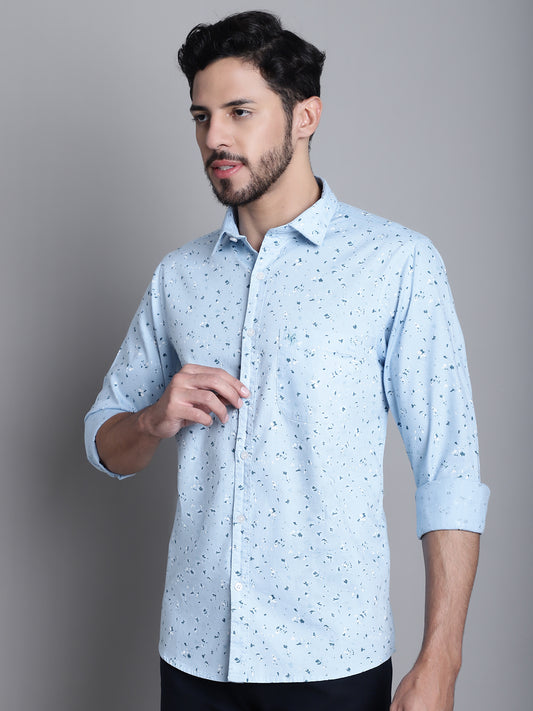 Cantabil Cotton Sky Blue Printed Full Sleeve Regular Fit Casual Shirt for Men with Pocket (7165608493195)