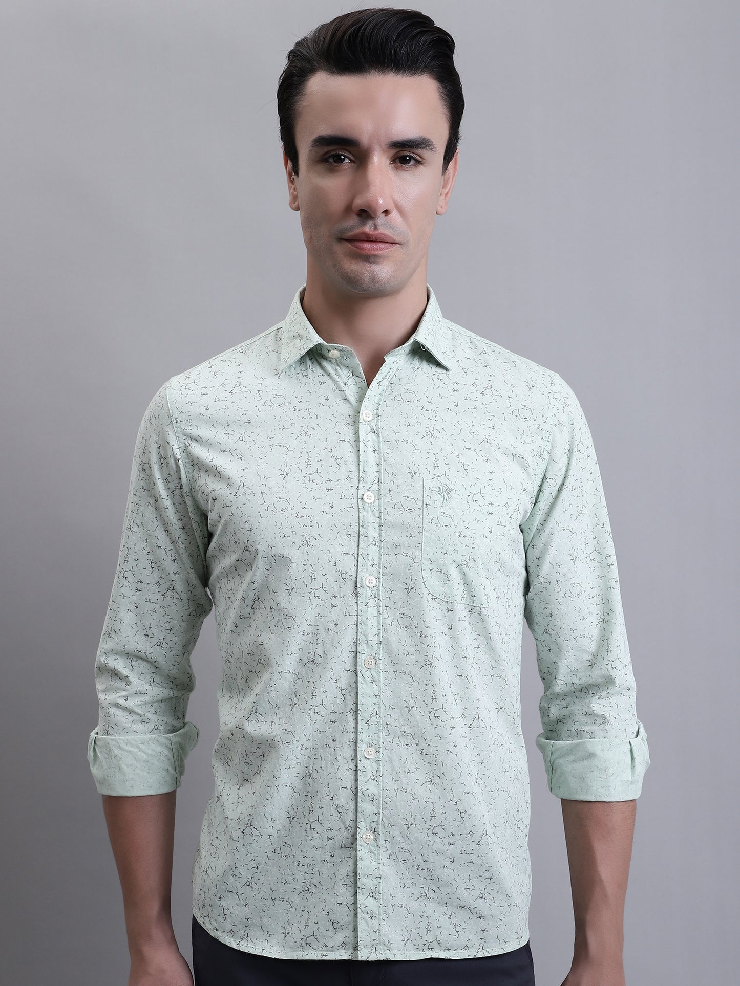 Cantabil Men Light Green Printed Full Sleeves Casual Shirt (7156396621963)