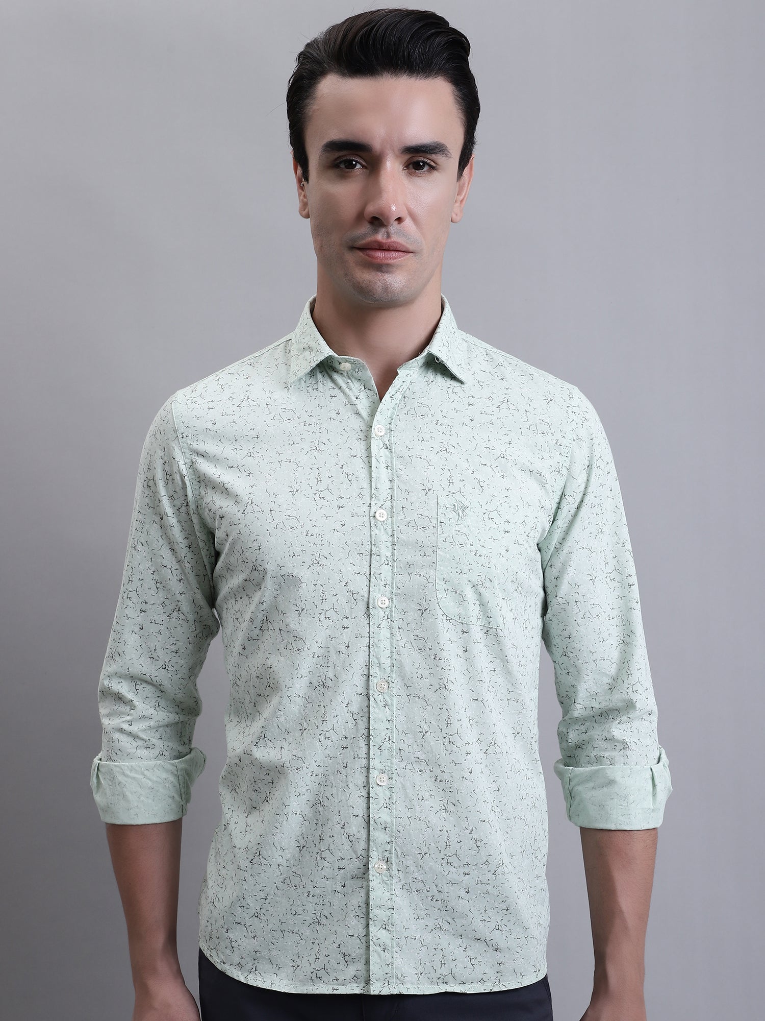 Cantabil Men Light Green Printed Full Sleeves Casual Shirt (7156396621963)