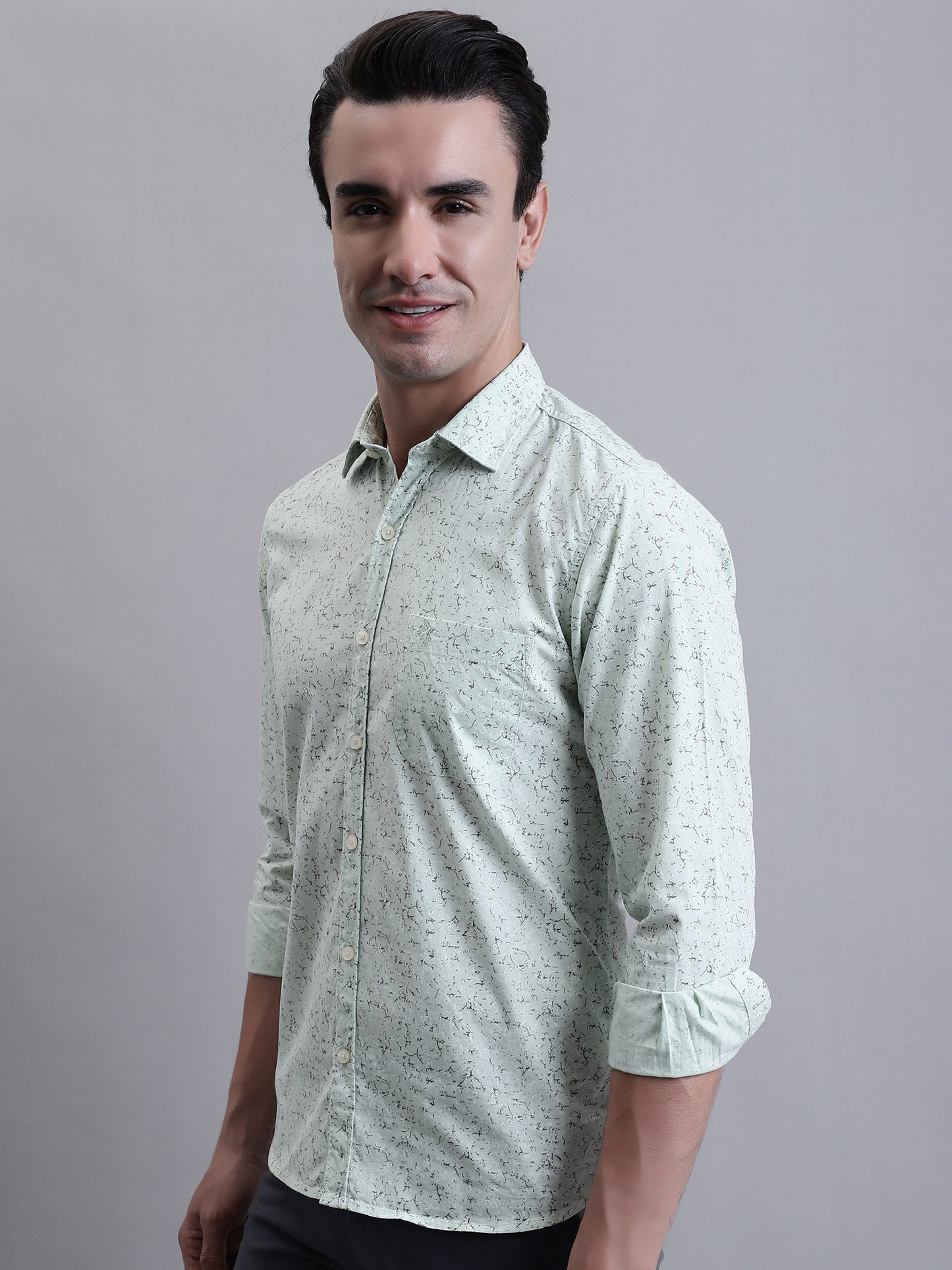 Cantabil Men Light Green Printed Full Sleeves Casual Shirt (7156396621963)