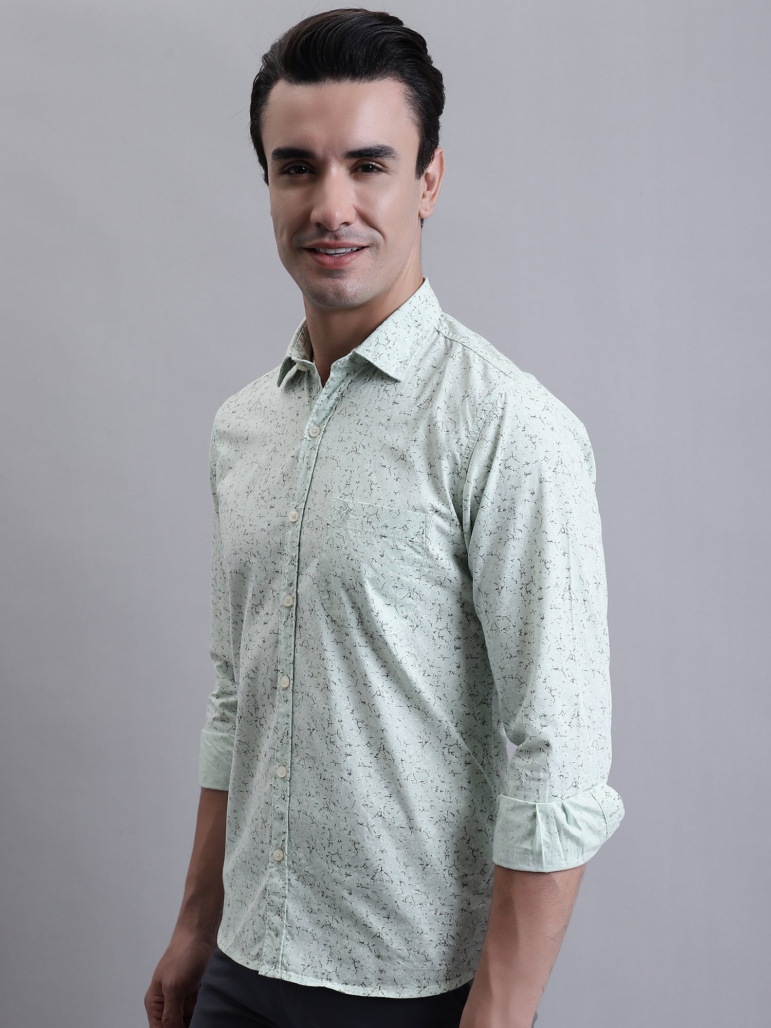 Cantabil Men Light Green Printed Full Sleeves Casual Shirt (7156396621963)