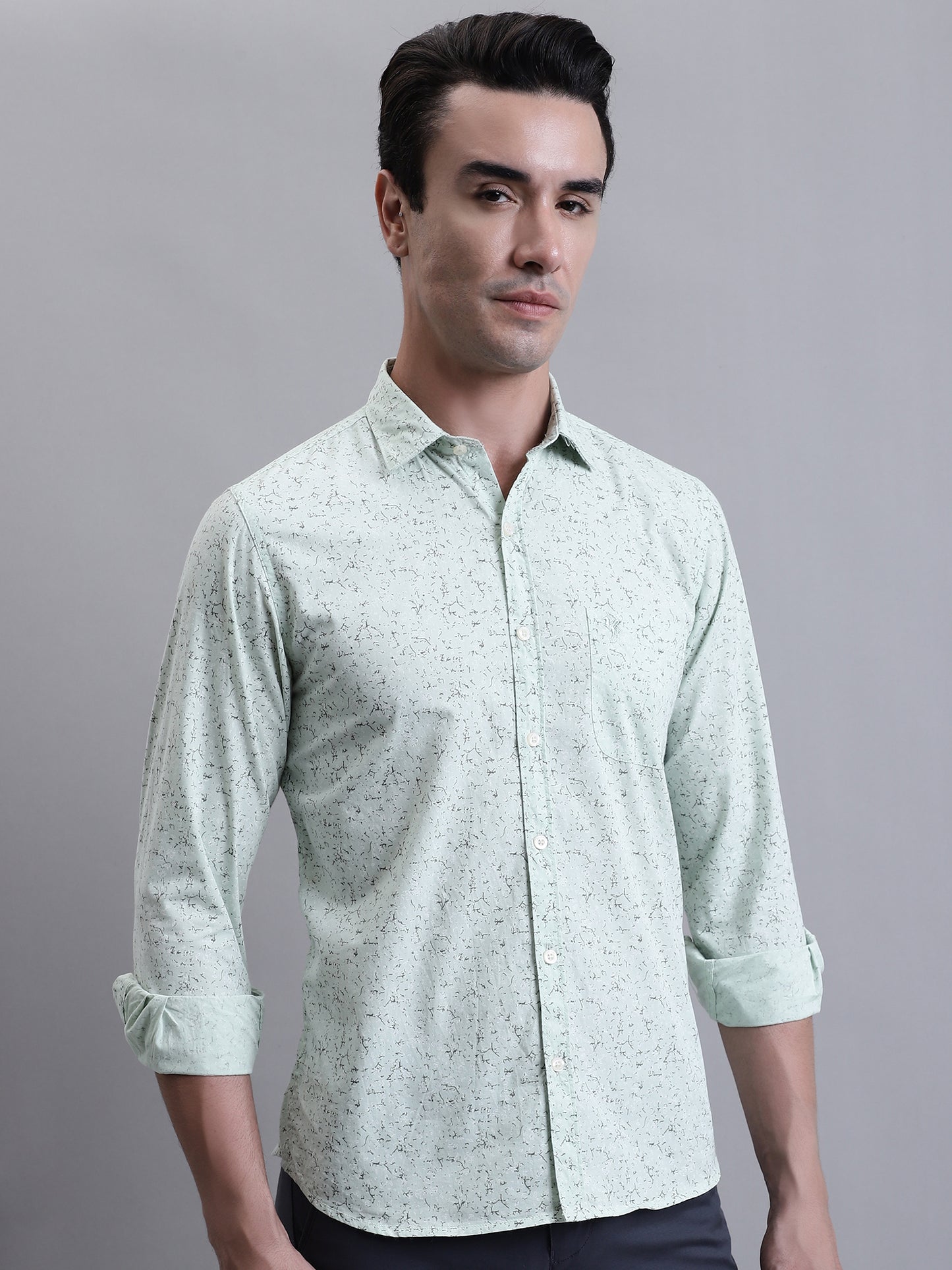 Cantabil Men Light Green Printed Full Sleeves Casual Shirt (7156396621963)