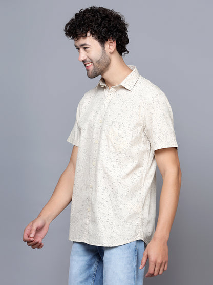 Cantabil Cotton Printed Beige Half Sleeve Casual Shirt for Men with Pocket (7121522229387)