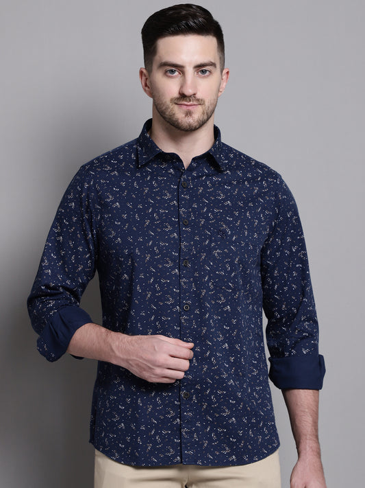 Cantabil Men Cotton Floral Printed Navy Blue Full Sleeves Casual Shirt for Men with Pocket (7159827660939)