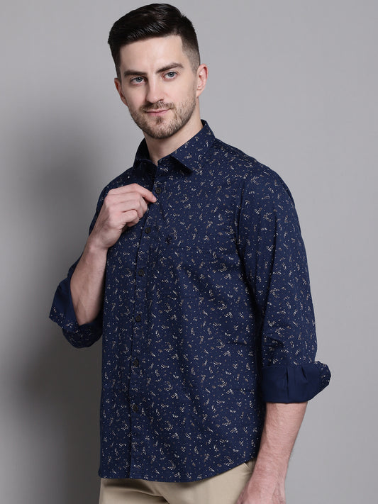 Cantabil Men Cotton Floral Printed Navy Blue Full Sleeves Casual Shirt for Men with Pocket (7159827660939)