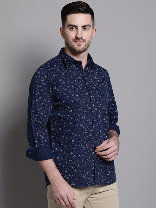 Cantabil Men Cotton Floral Printed Navy Blue Full Sleeves Casual Shirt for Men with Pocket (7159827660939)
