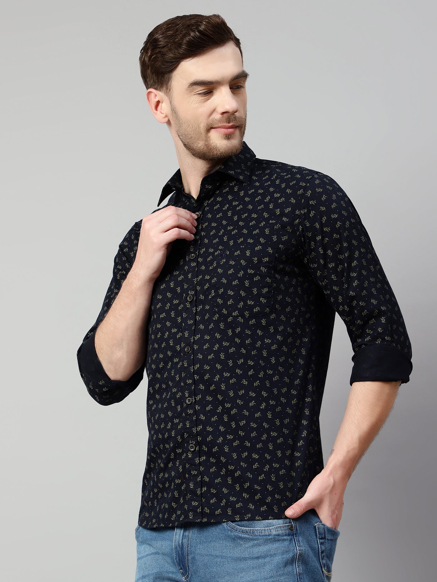 Cantabil Cotton Printed Navy Blue Full Sleeve Casual Shirt for Men with Pocket (7114275487883)