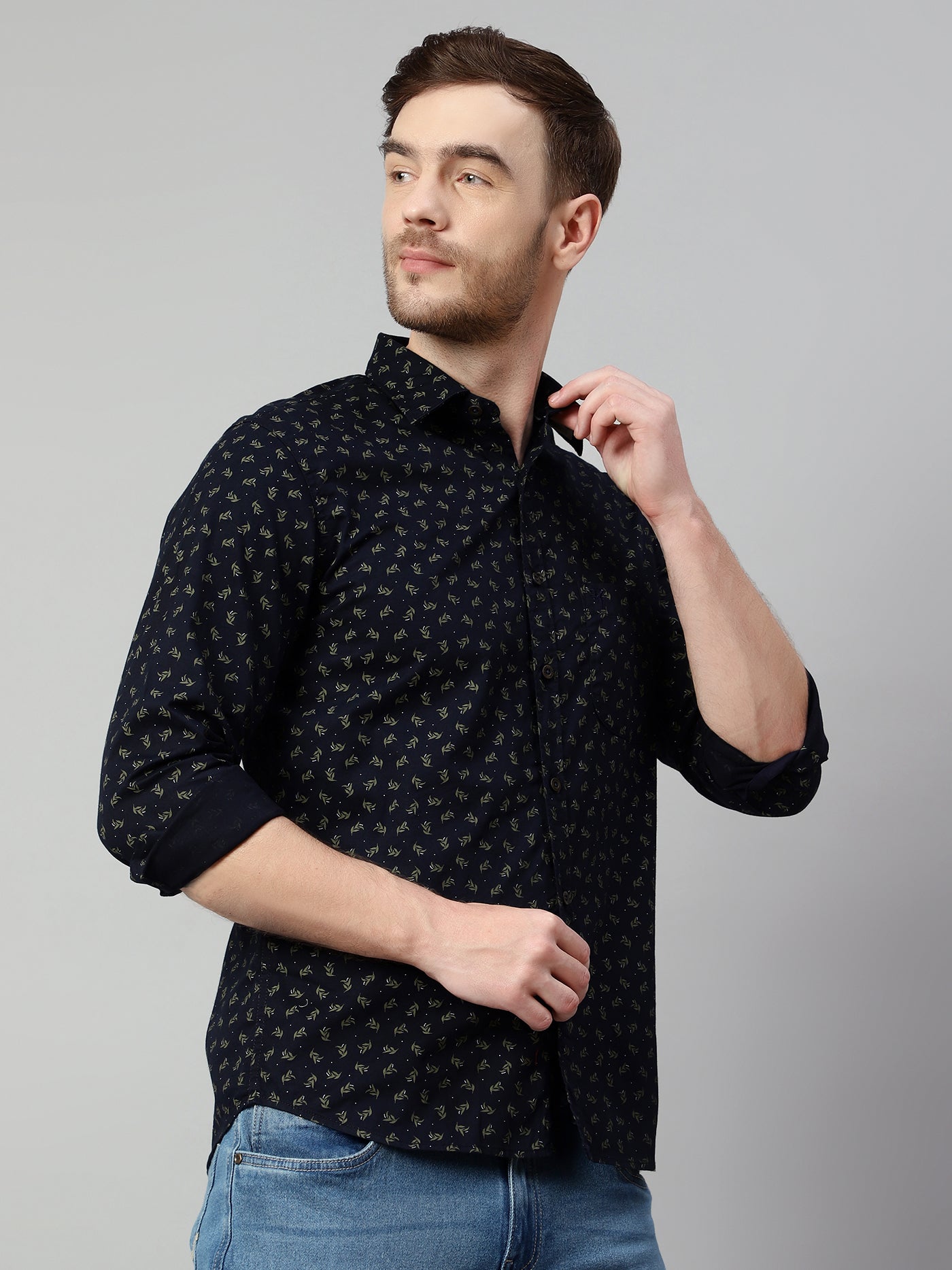 Cantabil Cotton Printed Navy Blue Full Sleeve Casual Shirt for Men with Pocket (7114275487883)