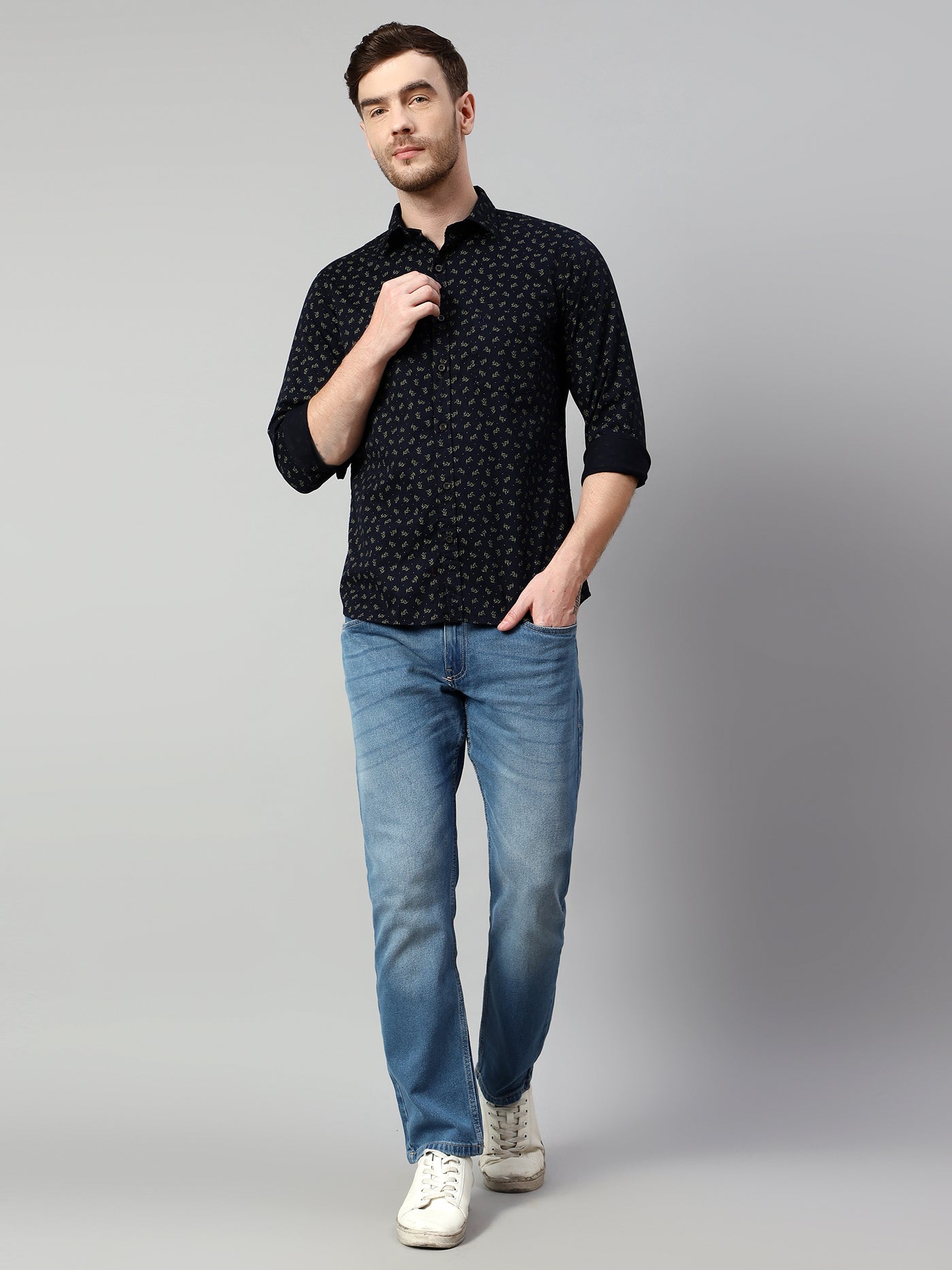 Cantabil Cotton Printed Navy Blue Full Sleeve Casual Shirt for Men with Pocket (7114275487883)