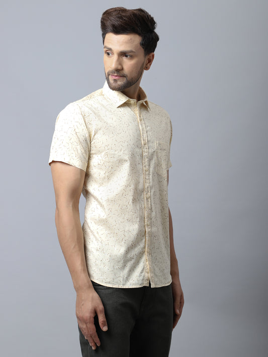 Cantabil Cotton Printed Yellow Half Sleeve Casual Shirt for Men with Pocket (7048868233355)