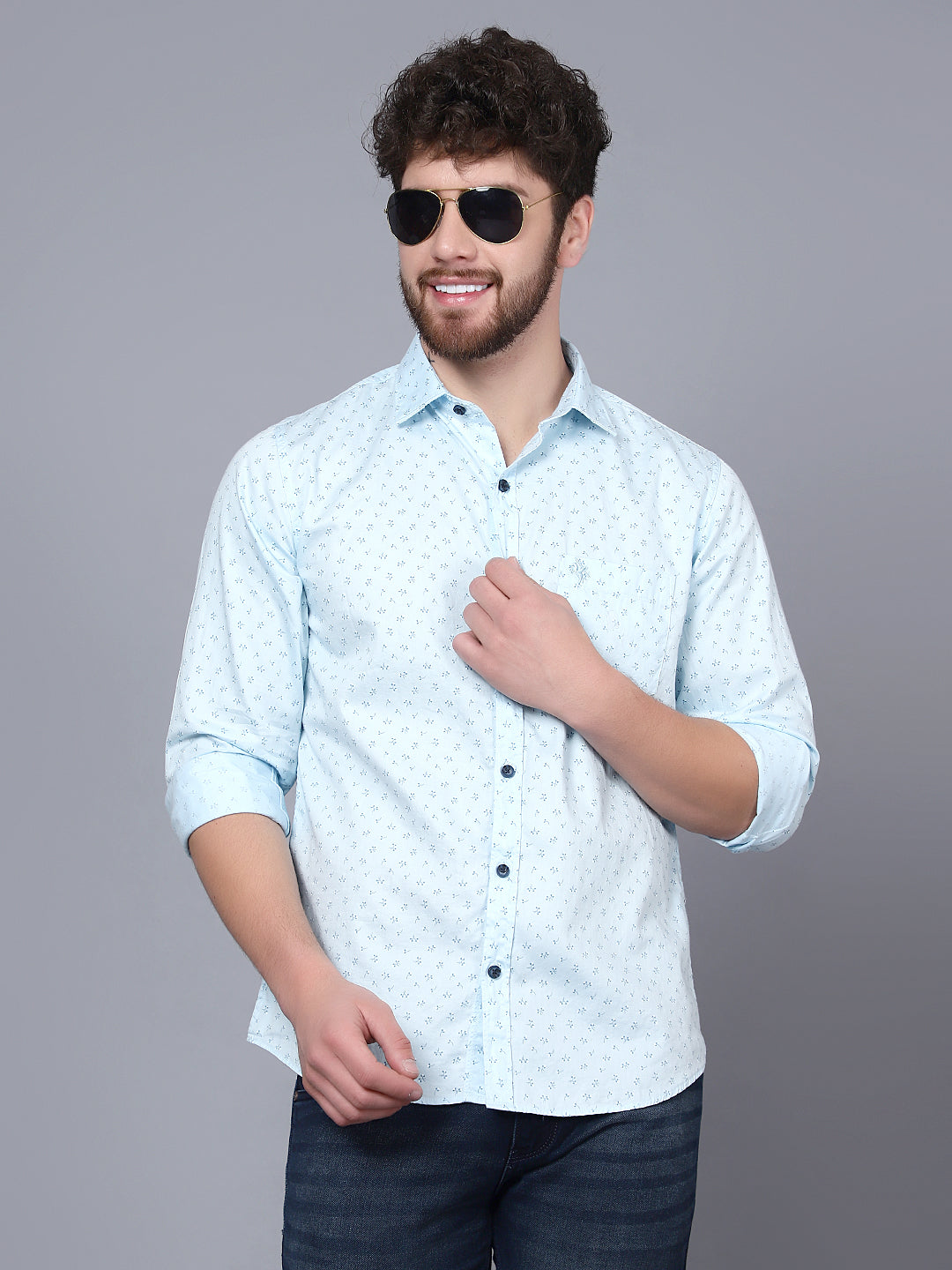 Cantabil Giza Cotton Printed Sky Blue Full Sleeve Casual Shirt for Men with Pocket (7091367968907)