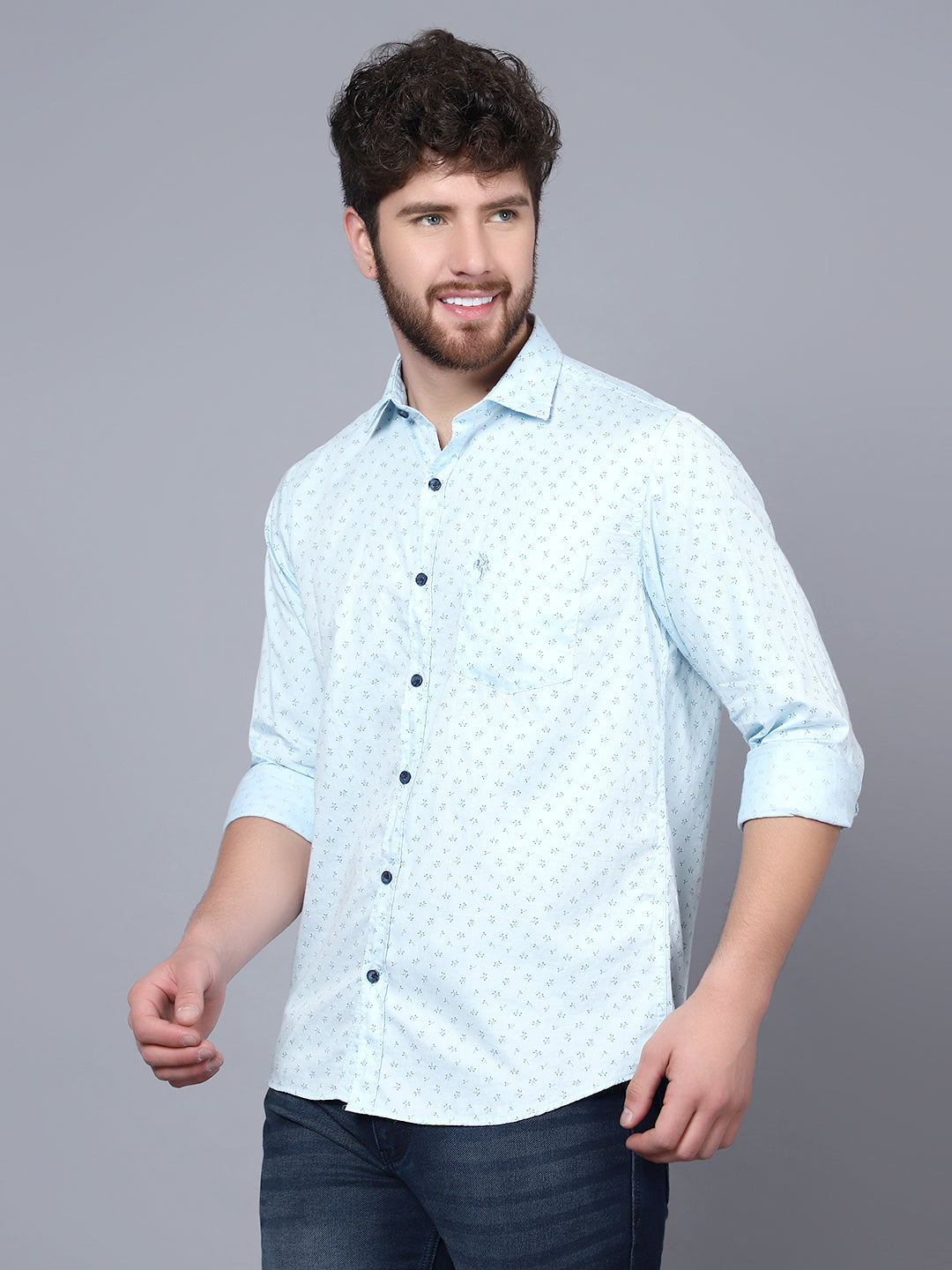 Cantabil Giza Cotton Printed Sky Blue Full Sleeve Casual Shirt for Men with Pocket (7091367968907)