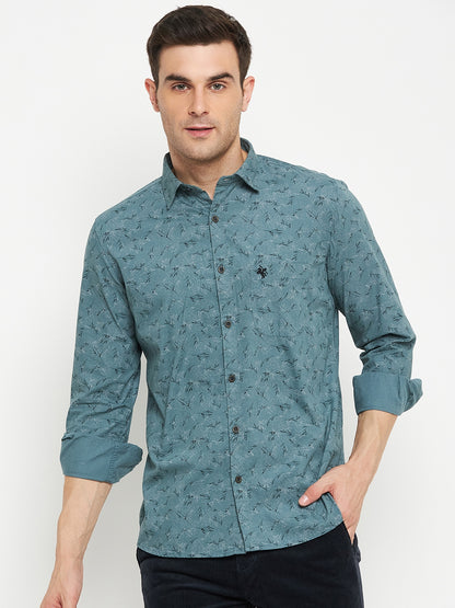 Men's Light Green Casual Floral Ditsy Print Full Sleeve Shirt