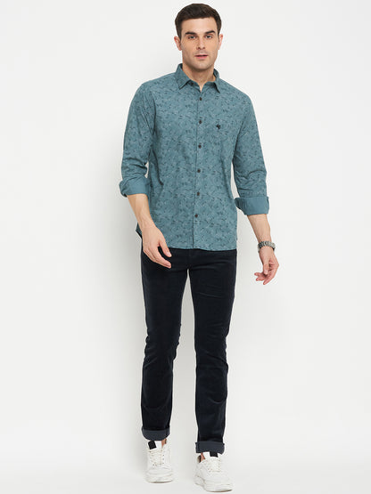 Men's Light Green Casual Floral Ditsy Print Full Sleeve Shirt