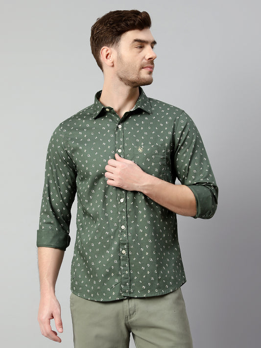 Cantabil Cotton Printed Green Full Sleeve Casual Shirt for Men with Pocket (7113878634635)