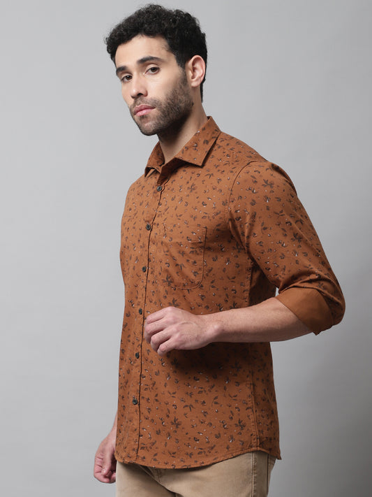 Cantabil Cotton Printed Brown Full Sleeve Casual Shirt for Men with Pocket (7070775804043)