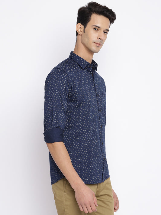 Cantabil Cotton Printed Navy Blue Full Sleeve Casual Shirt for Men with Pocket (7050500636811)