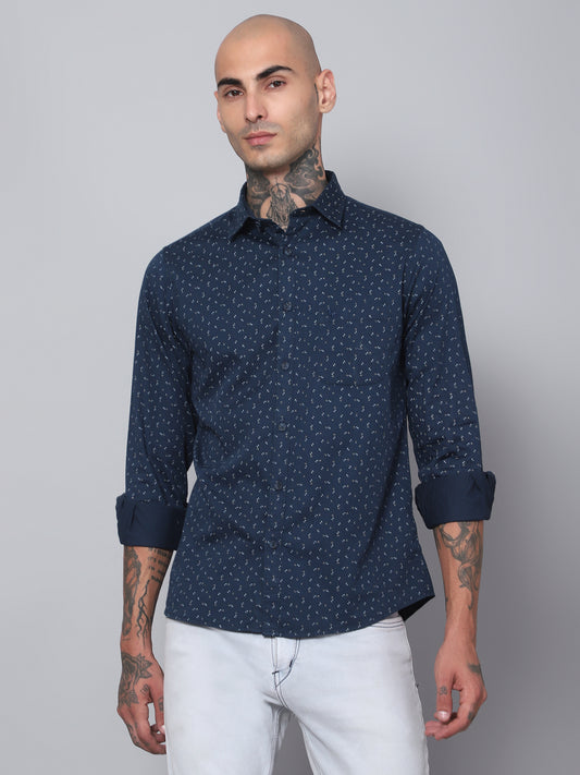 Cantabil Men Navy Blue Floral Printed Full Sleeves Casual Shirt (7153402773643)