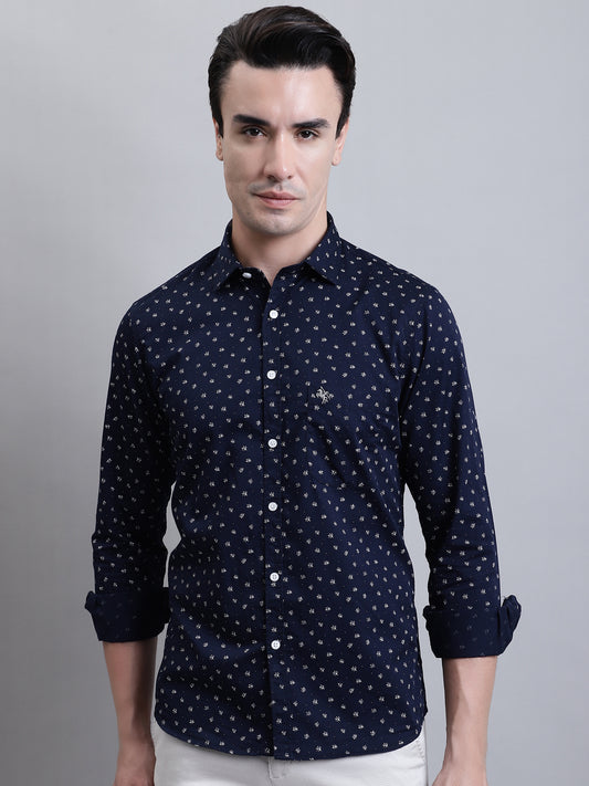 Cantabil Men Navy Blue Floral Printed Full Sleeves Casual Shirt (7156358185099)