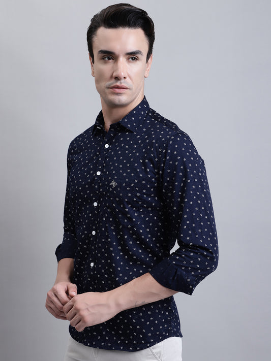 Cantabil Men Navy Blue Floral Printed Full Sleeves Casual Shirt (7156358185099)