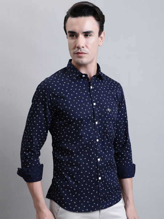 Cantabil Men Navy Blue Floral Printed Full Sleeves Casual Shirt (7156358185099)