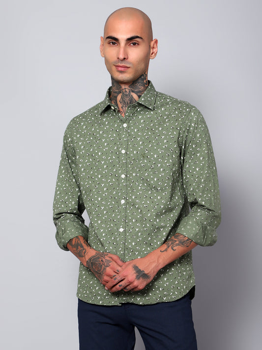 Cantabil Men Green Full Sleeves Floral Printed Casual Shirt (7153098588299)