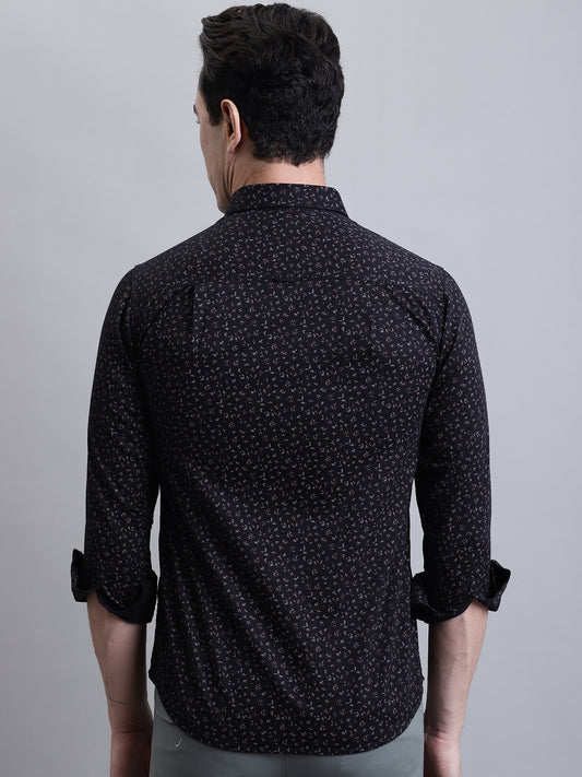 Cantabil Men Black Floral Printed Full Sleeves Casual Shirt (7156378173579)
