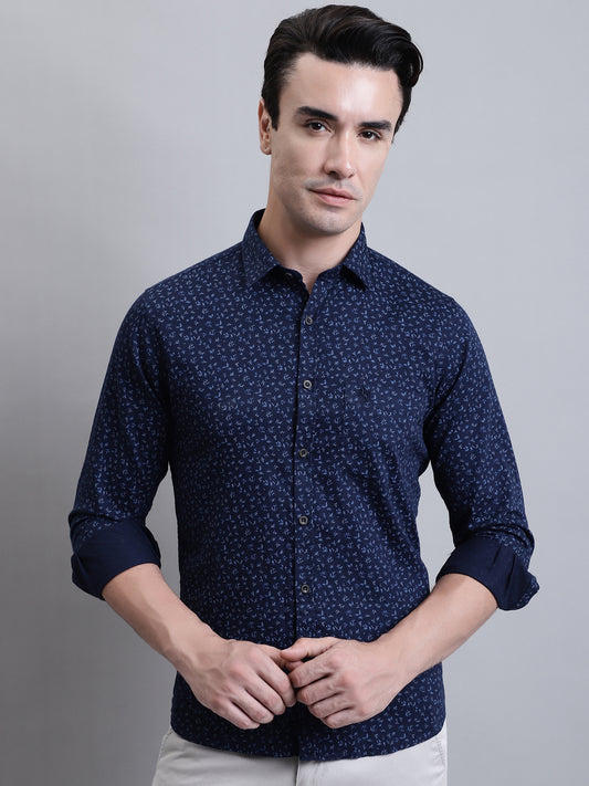 Cantabil Men Navy Blue Floral Print Full Sleeves Casual Shirt (7156394000523)