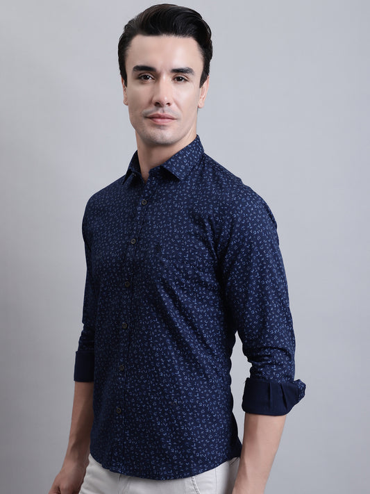 Cantabil Men Navy Blue Floral Print Full Sleeves Casual Shirt (7156394000523)