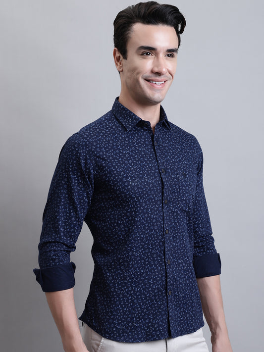 Cantabil Men Navy Blue Floral Print Full Sleeves Casual Shirt (7156394000523)