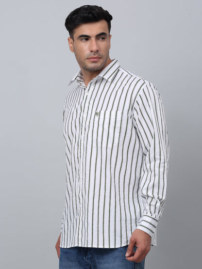 Men's Green Casual Thin Stripe Full Sleeve Shirt