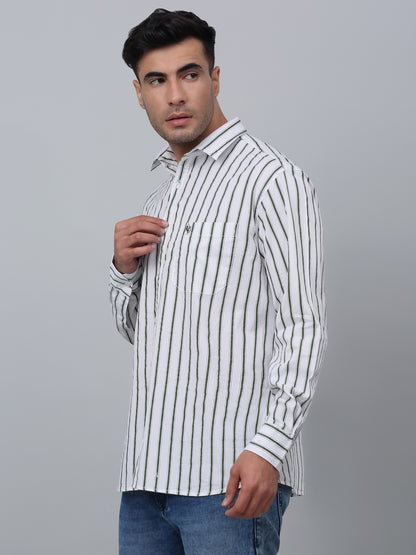 Men's Green Casual Thin Stripe Full Sleeve Shirt