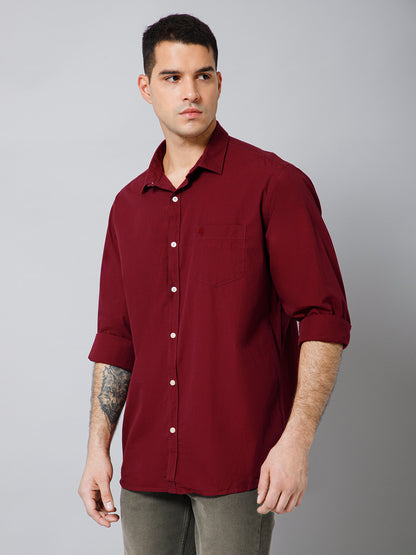 Men's Maroon Casual Fil a Fil Plain Full Sleeve Shirt