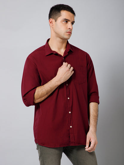 Men's Maroon Casual Fil a Fil Plain Full Sleeve Shirt