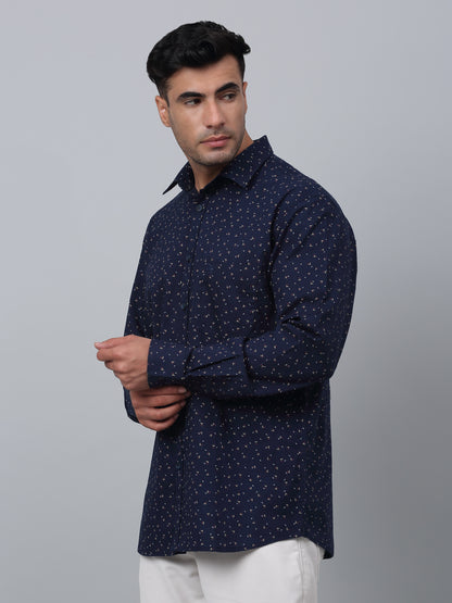 Men's Navy Blue Casual Ditsy Print Full Sleeve Shirt