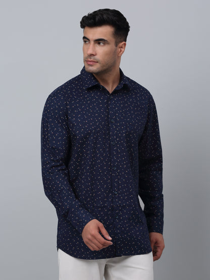 Men's Navy Blue Casual Ditsy Print Full Sleeve Shirt