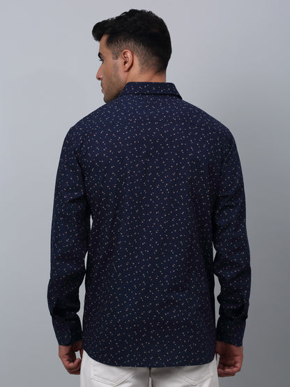 Men's Navy Blue Casual Ditsy Print Full Sleeve Shirt