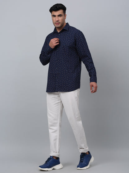 Men's Navy Blue Casual Ditsy Print Full Sleeve Shirt