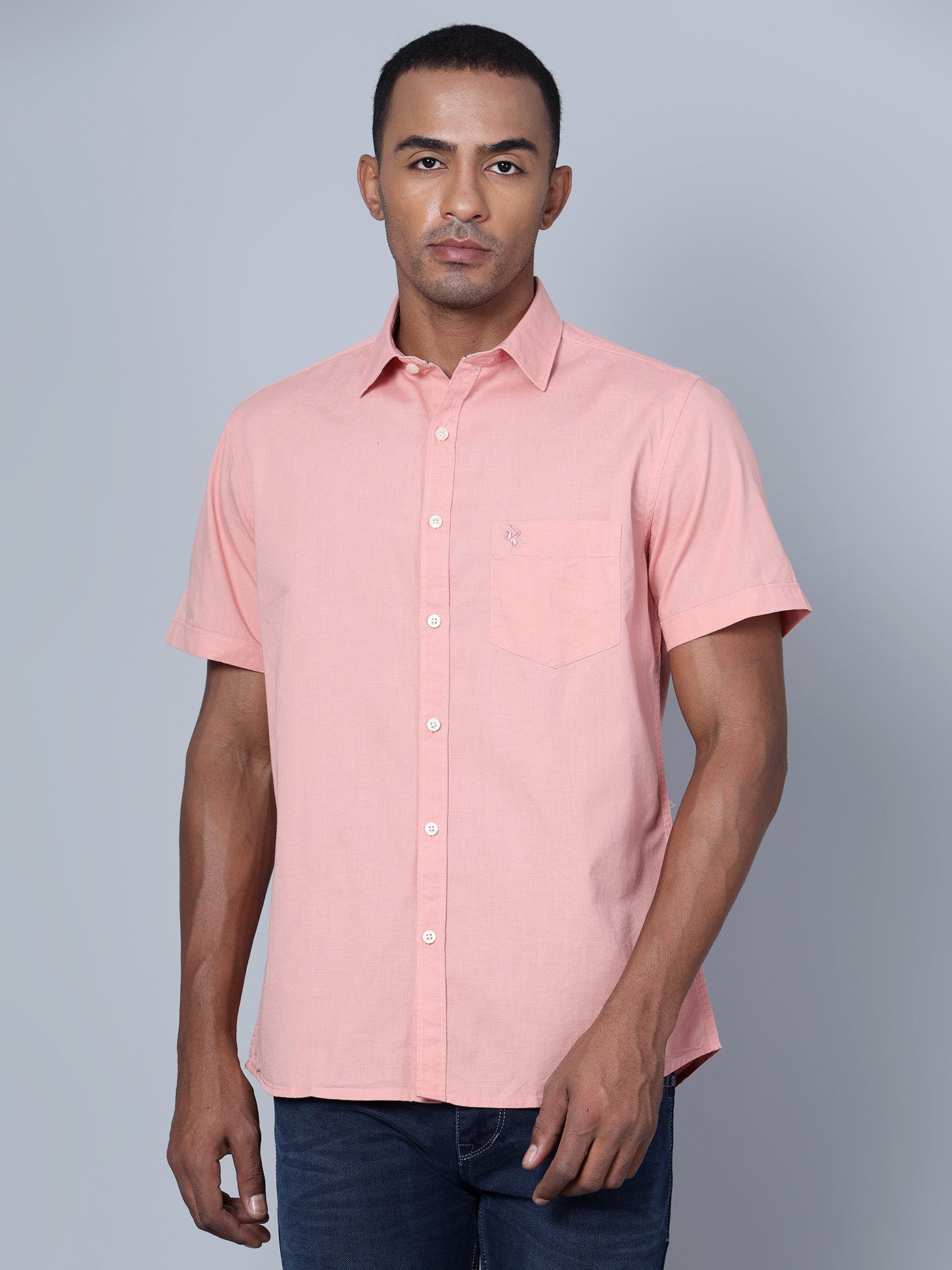 Cantabil Cotton Solid Pink Half Sleeve Casual Shirt for Men with Pocket (7136115654795)