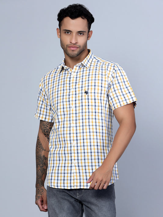 Cantabil Cotton Checkered Mustard Half Sleeve Casual Shirt for Men with Pocket (7136116146315)