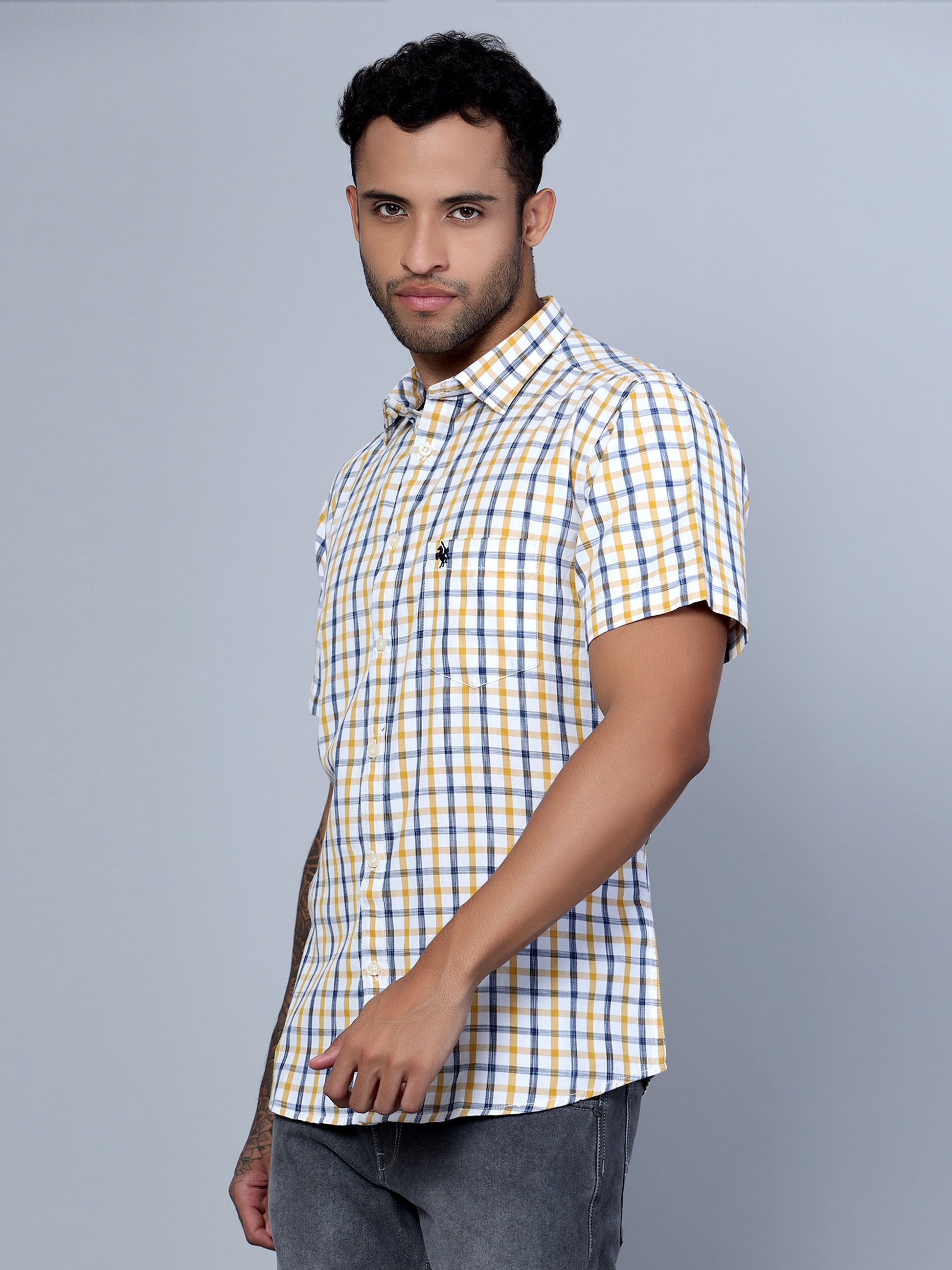 Cantabil Cotton Checkered Mustard Half Sleeve Casual Shirt for Men with Pocket (7136116146315)