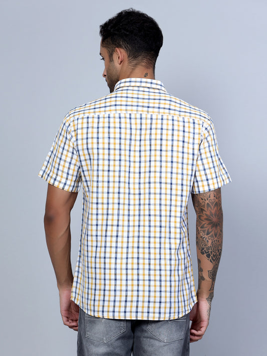 Cantabil Cotton Checkered Mustard Half Sleeve Casual Shirt for Men with Pocket (7136116146315)