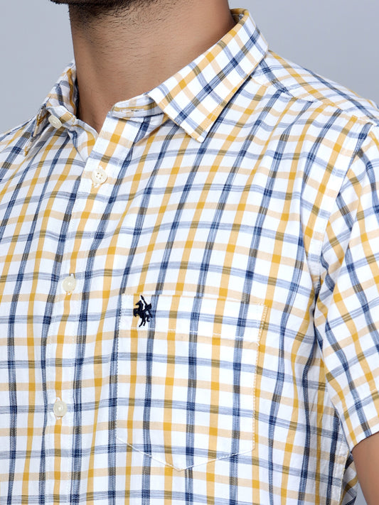 Cantabil Cotton Checkered Mustard Half Sleeve Casual Shirt for Men with Pocket (7136116146315)