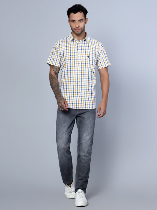 Cantabil Cotton Checkered Mustard Half Sleeve Casual Shirt for Men with Pocket (7136116146315)