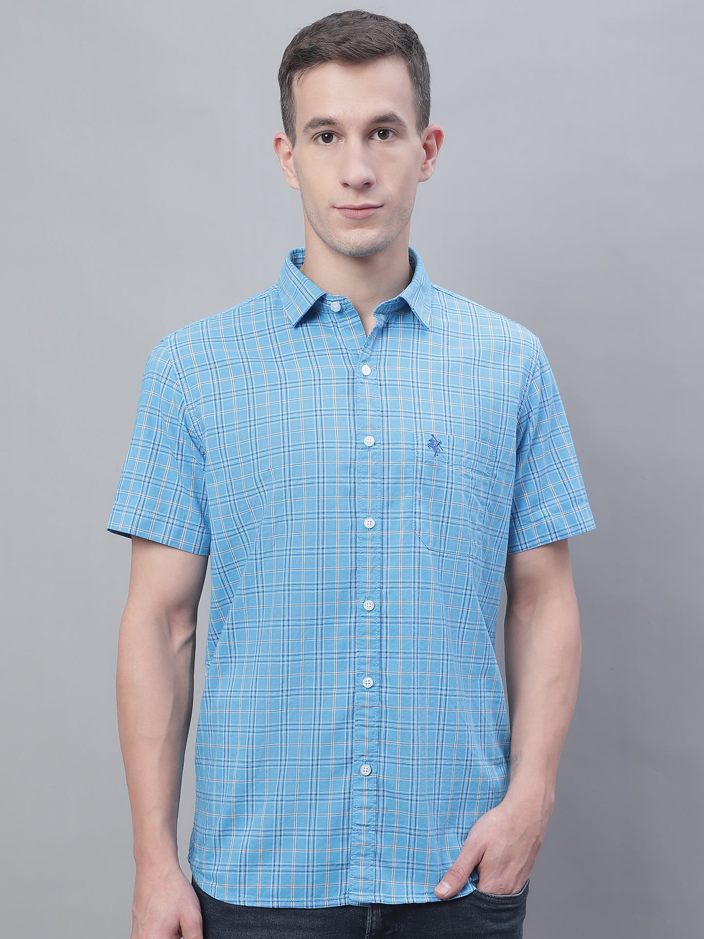 Cantabil Cotton Checkered Blue Half Sleeve Casual Shirt for Men with Pocket (7135095849099)