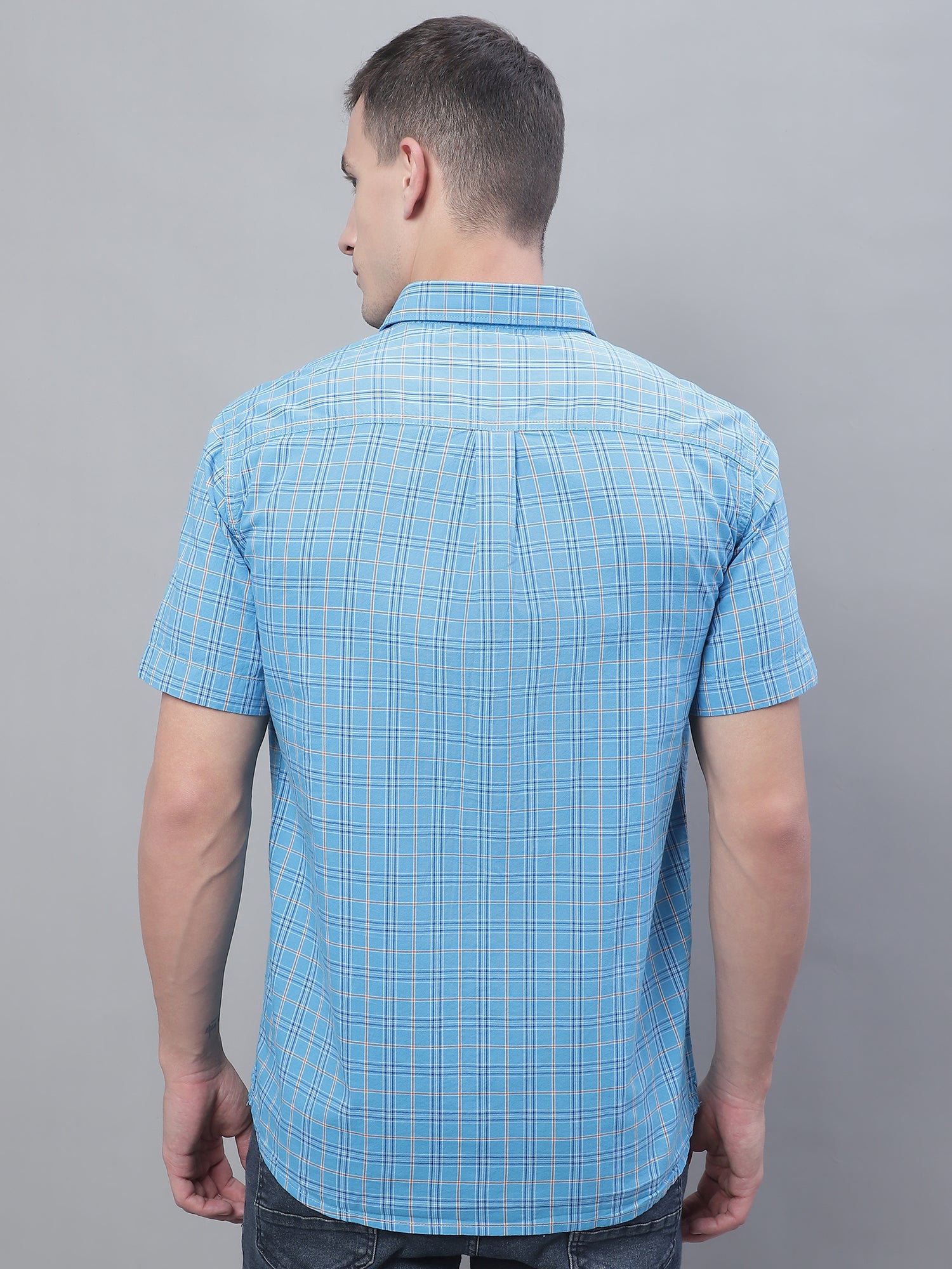 Cantabil Cotton Checkered Blue Half Sleeve Casual Shirt for Men with Pocket (7135095849099)